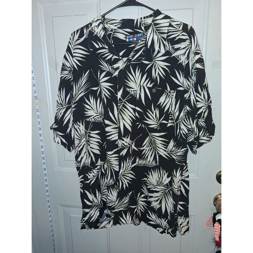 Against The Elements Hawaiian Camp Shirt XL Black White Leaf Print Rayon Button